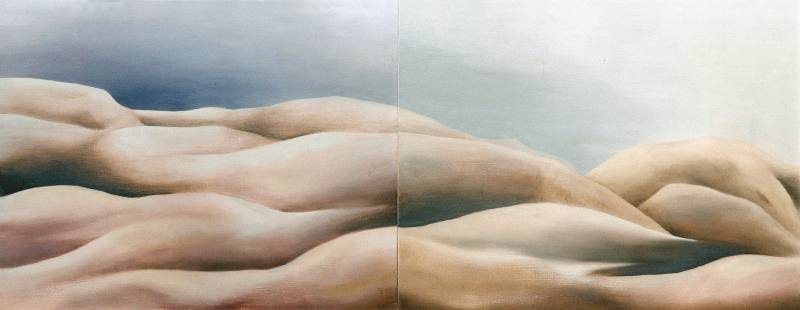 LUCIA TORRES «MESETA..., PATAGONIA..., ESA PIEL...» con «Interiores...» 12 (díptico) - Óleo sobre tela 80x200cm - Año 2000