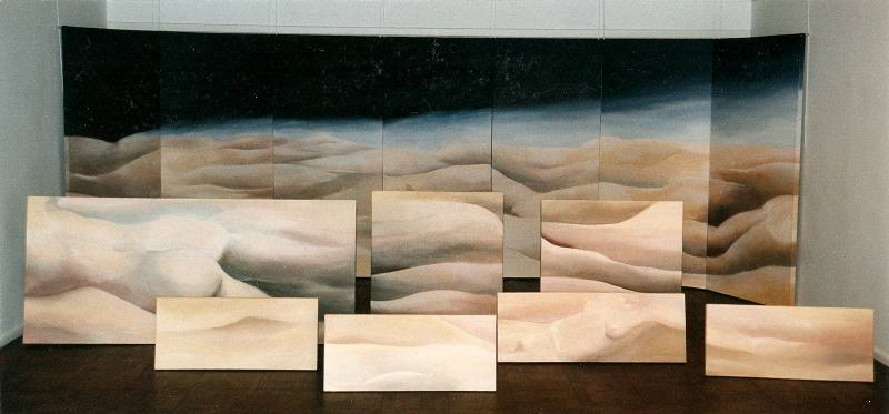 LUCIA TORRES «MESETA..., PATAGONIA..., ESA PIEL...» (ambientación) con Óleo sobre tela - 200x600x500cm - Año 2001