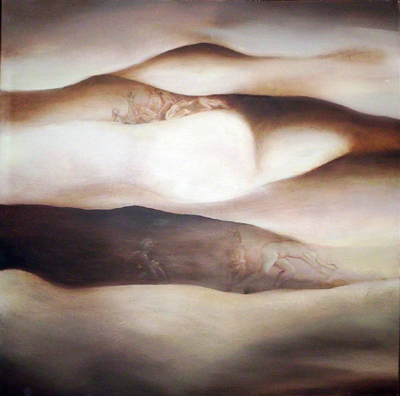 LUCIA TORRES «MESETA..., PATAGONIA..., ESA PIEL...» con «Verán otras cosas... verán otras cosas de ellos y de los que están en su compañía» Óleo sobre tela - 100x100cm - Año 2002