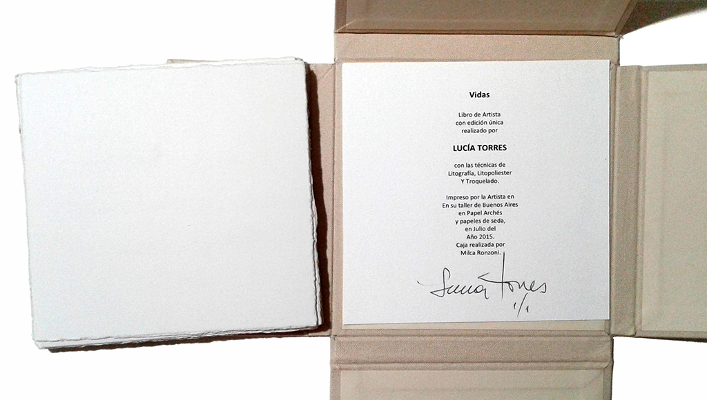 LUCIA TORRES «VIDAS» Libro de Artista - Edición Única - Litografía, Troquelado - Papel Archés y Papel de Seda - Año 2015